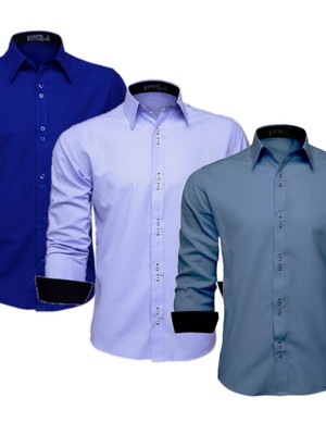 Kit 3 camisas social masculina manga longa lisa slim blusa