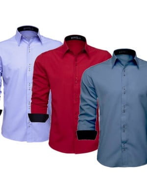 Kit 3 camisas social masculina manga longa lisa slim blusa