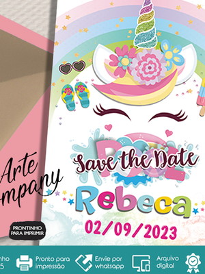 Save the date pool party unicórnio