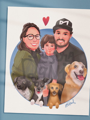 Ilustração digital personalizada família e pet - busto