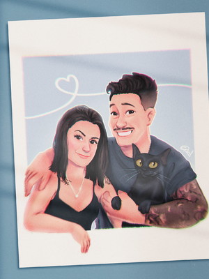 Ilustração digital personalizada família e pet - busto