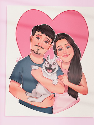 Ilustração digital personalizada família e pet - busto