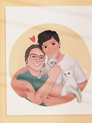 Ilustração digital personalizada família e pet - busto
