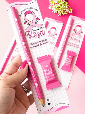 Cartão com lápis ou caneta e bis- outubro rosa
