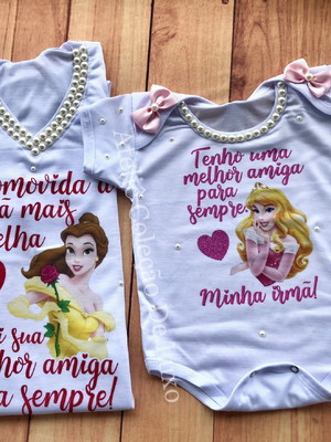 Camiseta irmã mais velha e body irma mais nova princesas