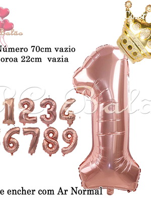 Kit balão metalizado 1 número 70cm rose gold + 1 coroa 22cm
