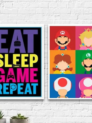Kit 2 quadros eat sleep game repeat (a3 -com vidro)