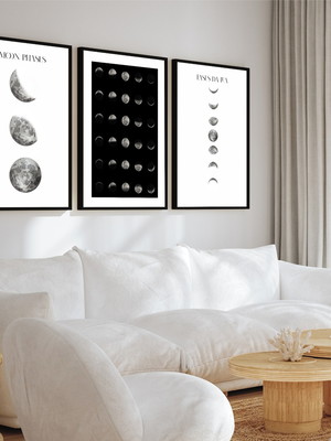 Kit 3 quadros fases da lua preto e branco molduras