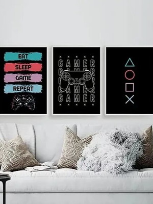 Kit 3 quadros eat sleep game repeat (a3- com vidro)