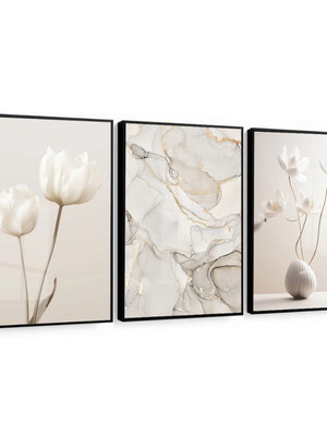 Kit 3 quadros flores brancas trio modernas abstrato bege