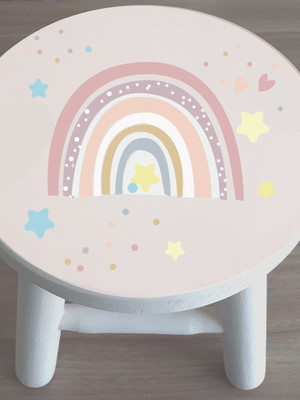 Banquinho de madeira pintura infantil arco íris e estrelas