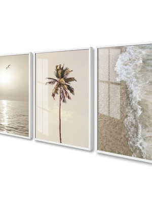 Kit 3 quadros decorativos mar ondas coqueiro com moldura