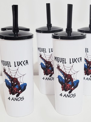 Copo long drink com tampa e canudo do homem aranha