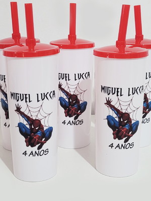 Copo long drink com tampa e canudo do homem aranha