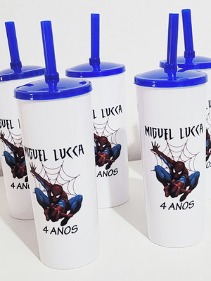 Copo long drink com tampa e canudo do homem aranha