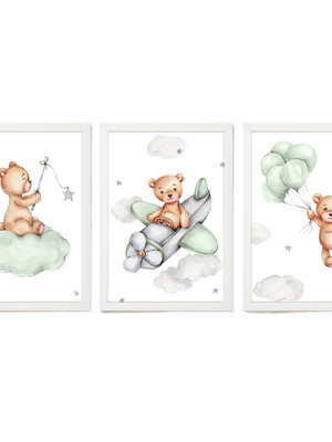 Quadros decorativos quarto bebê urso nas nuvens verde a3