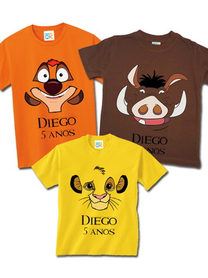 Kit camisetas infantis pumba, timão e simba, rei leão