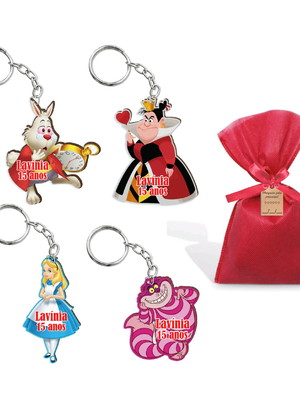 Chaveiro alice no país das maravilhas com saquinho e tag