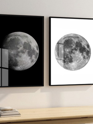 Quadro decorativo lua moderno preto e branco com vidro