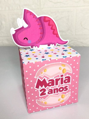Lembrancinha personalizada caixa cubo - dinossauro rosa