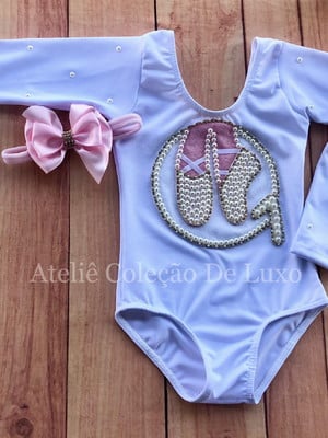 Collant de pérolas de ballet branco com pérolas manga longa