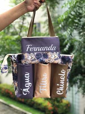 Bolsa praia verão 3 bolsos floral violeta com necessaire