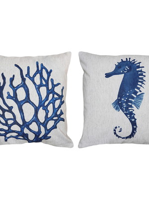 Kit 2 almofadas coral cavalo marinho azul linho cru - 45x45