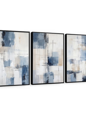 Kit 3 quadros abstrato azul bebe tons azul molduras