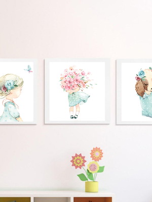 Kit quadros decorativos menina jardim aquarela
