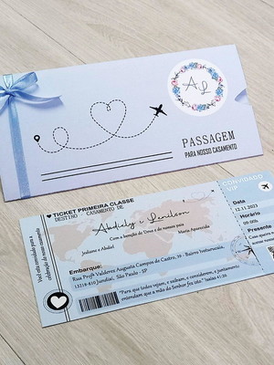 Convite de casamento passagem aérea azul serenity
