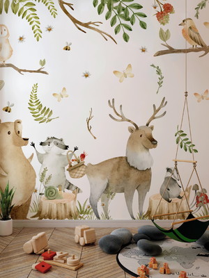 Papel de parede infantil de animais na floresta em aquarela