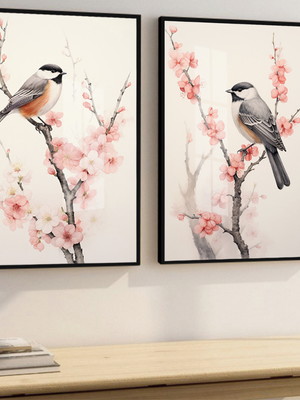 2 quadros pássaros passarinhos animais com molduras