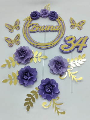 Topo de bolo flores roxo e lilás personalizado