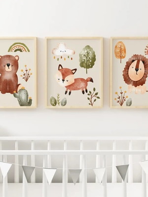 Kit 3 quadros decoração bebe filhotes na floresta dos cactos
