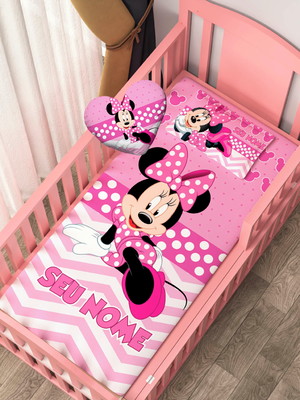 Lençol berço minnie c/ elástico + almofada coração
