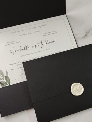 Convite casamento preto c/ lacre de cera branco