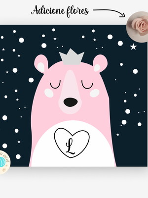 Pintura infantil em tela urso rosa com flores de feltro