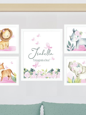 Quadros decorativo safari rosa menina personalizado