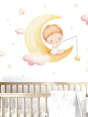 Adesivo de parede menina bebê na lua estrelas e nuvens