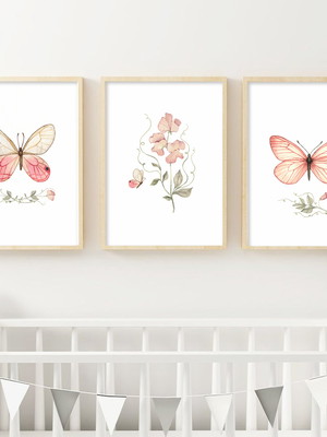 Quadro infantil borboletas e flores aquarela