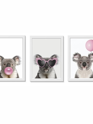 Kit 3 quadros decorativos coalas chiclete óculos balão rosa