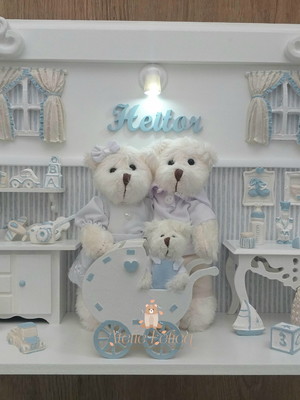 Quadro porta maternidade família urso com led