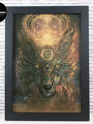 Quadro animais lobo xamã espiritual com moldura e vidro a4