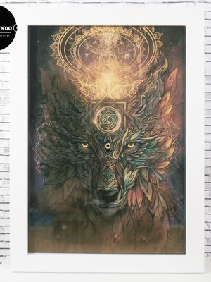 Quadro animais lobo xamã espiritual com moldura e vidro a4