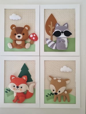 Kit 4 quadros decoração bichinhos da floresta