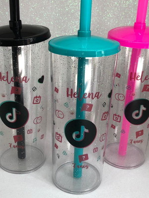 Tiktok- long drink glitter c/ tampa e canudo 350ml