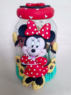 Pote de vidro decorado com biscuit minnie