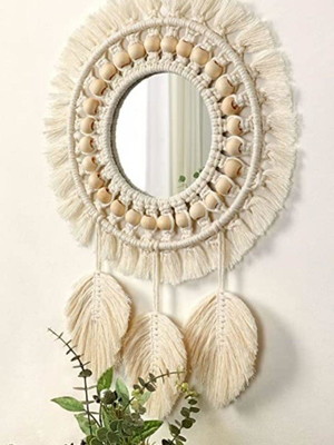 Mandala com espelho e folhas macrame