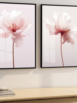Kit 2 quadros decorativos flores rosa sala quarto com vidro