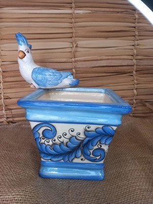 Cachepot - vaso de cerâmica quadrado com cacatua